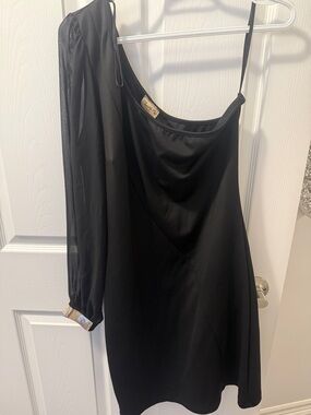 Janette Plus Black One-Shoulder Cocktail Dress with Sheer Sleeve